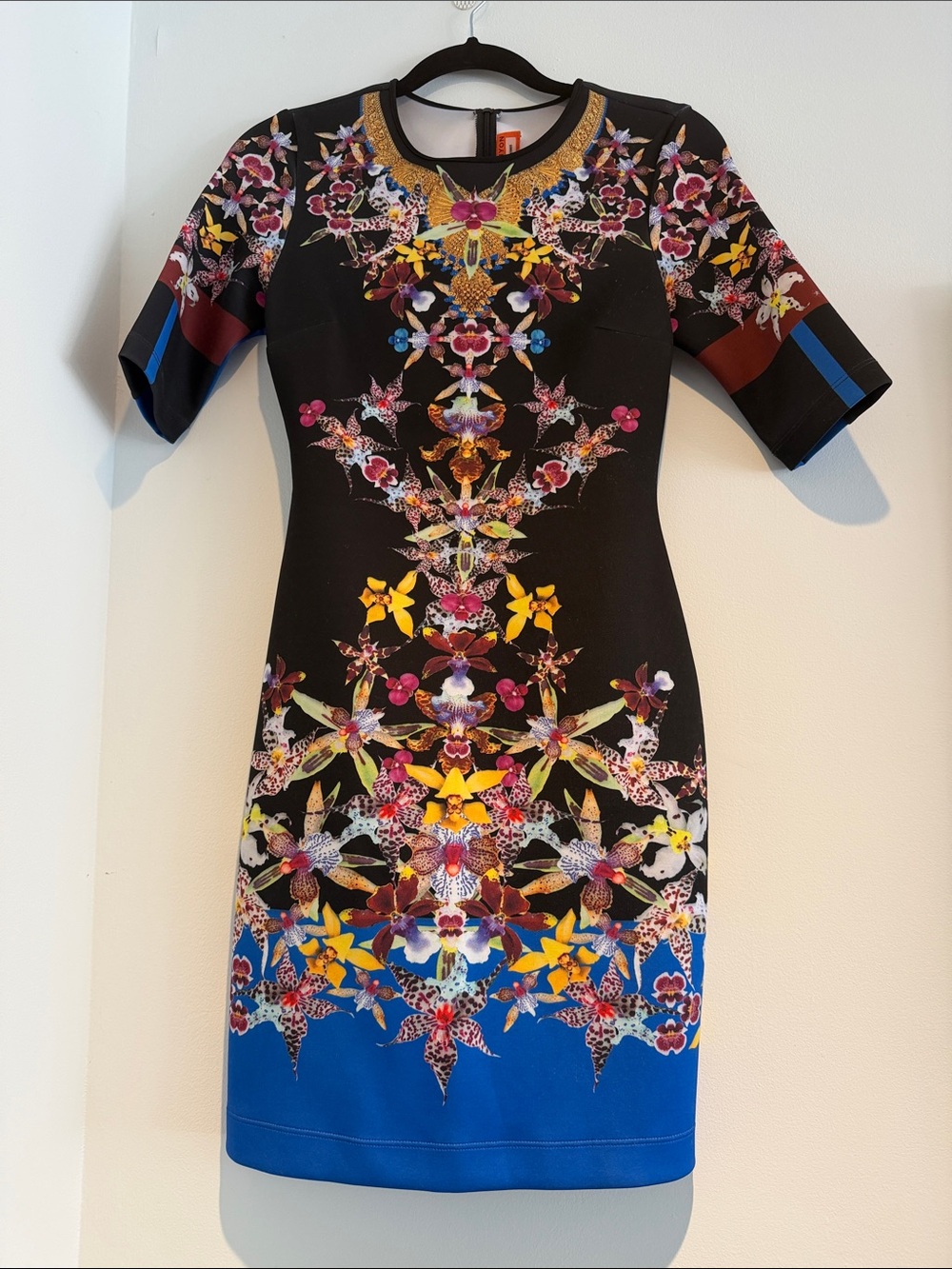 Clover Canton Black Floral Sheath Dress with Blue Hem